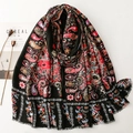 Ethnic paisley floral black pashmina shawl with tassel fringe and vintage gold patterns - Black