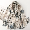 Cream cotton linen scarf with elegant gold foil leaf print and frayed edges - Black and Gray