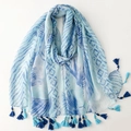 Blue tropical leaf print scarf with gold beads and tassels for sun protection - Blue