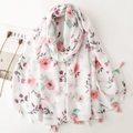 White linen-feel cotton scarf with pink floral print, silver thread, and fringe tassels - 180*88cm / White Floral (SL2507-011)