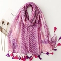 Lightweight tropical floral print scarf with gold thread and colorful tassels for women - Purple