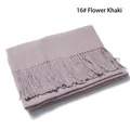 Solid khaki wool blend scarf with fringe tassels shown folded on white background - 16# Mixed Khaki