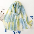 Sciarpa tropicale da donna con foglie di palma blu e gialle e nappe ai quattro angoli - 180*88cm / Stampa Foglia di Palma Blu (SL2508-015)