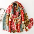 Écharpe ethnique à imprimé Paisley et fleurs avec pompons et patchwork coloré - Style d'impression Patchwork Ethnique (SL2503-002) / 180*88cm