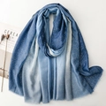 Blue gradient linen cotton scarf with gold foil dot patterns and fringed edges - Blue Gradient