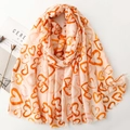 Beige cotton linen scarf with red heart print and fringe edges for women - Orange