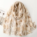Linen feel coral print scarf in beige and brown with gold foil accents for women - Khaki