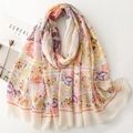 Écharpe légère en coton et soie pour femme avec imprimé floral violet et bords effilochés - 180*88cm / Base Crème Motif Floral Violet Jaune (SL2504-014)