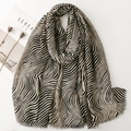 Zebra striped long scarf in black and beige with frayed fringe edges for women - Coffee Base Black Stripe