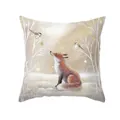 Vierkante kussensloop van polyester met rode vos en winters bos voor de kerst - 45x45 cm / Rode Vos Kijkt Omhoog Naar Vogel Illustratie (DRD289-4)
