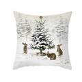 Detailed view of Christmas pillowcase with snowy forest and bunny print on white polyester - 18x18 Inch / Christmas Tree And Snow Scene Rabbit Illustration (DRD289-10)