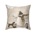 Detailed view of polyester pillow case with snowman and dog oil painting style illustration - 18x18 Inch / Snowman With Hat And Puppy Winter Illustration (DRD289-11)