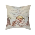 Close-up of vintage angel and rabbit illustration on Christmas polyester pillowcase - 18x18 Inch / Angel Petting Brown Rabbit In Snow Illustration (DRD289-14)