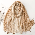 Mandala print linen-feel scarf with tassels, tan and beige bohemian shawl for women - 180x88cm / Khaki