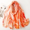Orange marble print cotton linen scarf with gold lurex metallic threads and frayed edges - Orange