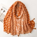 Orange and white geometric print linen scarf with tassels and floral vintage patterns - 180x88cm / Orange