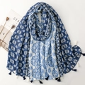 Ethnic style geometric navy blue cotton linen scarf with elegant tassels and vintage floral patterns - 180x88cm / Blue