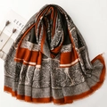 Retro paisley and geometric patterned cotton-linen feel scarf with fine tassel edges - Orange Coffee