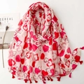 Lightweight scarf with red heart prints and tassel edges on a minimalist background - SL2411-022 (Pink Heart Print Tassel) / 180*88cm