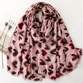 Lightweight pink cotton linen scarf with red heart prints and frayed edges - Pink