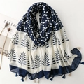 Blue and beige floral cotton shawl with tassels and ethnic porcelain pattern - 180*88cm / Dark Blue