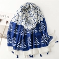 Blue and white floral print scarf with tassels on minimalist white background - 180*88cm / Light Blue