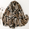 Artistic geometric print cotton-linen scarf shawl with fringe edge in earth tones - 180*88cm / Abstract Black (SL2412-012)