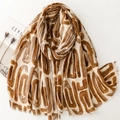 Beige cotton linen shawl with brown geometric U-shaped print and frayed fringe edge - 180*88cm / Abstract Khaki (SL2412-012)