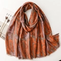 Detail of soft cotton-linen scarf featuring geometric prints and raw fringe edges - 180*88cm / Abstract Orange Red (SL2412-012)