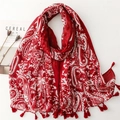 Bohemian paisley print red and white cotton scarf shawl with tassel edges flat lay - Red and White (SL2501-001)