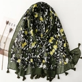 Ethnic style green linen feel scarf with yellow dots and tassel trim on white background - 180*60cm / Dark Green Loquat Dot Style (SL2501-005)