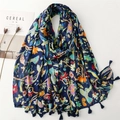 Navy blue scarf with hummingbird and floral print featuring elegant tassel edges - 180x88cm / Dark Blue Hummingbird Floral Print (SL2501-006)