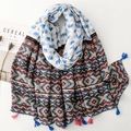 Elephant and geometric print shawl scarf with colorful tassels and soft linen feel - Elephant Geometric Print Tassel Style (SL2501-003)