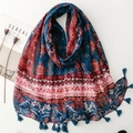Bohemian geometric floral cotton linen scarf with blue tassels on white background - Red and Blue Geometric Floral (SL2501-004)