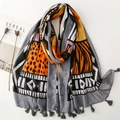Fashionable leopard patchwork scarf with gray tassels and vibrant geometric patterns - 180*88cm / African Animal Leopard Print Style (SL2501-009)