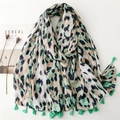 Lightweight leopard print scarf for women with green tassels on soft white background - 180*88cm / Mint Green Leopard (SL2501-008)