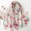 Rosafarbener Schal mit Blumenmuster Silberstreifen und Quasten für Damen aus Leinen - Rosa Blumen Vogel (SL2502-006) / 180*88cm
