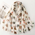 Dog print scarf with fringe details and cartoon sunglasses pattern in beige cotton - White