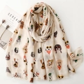 Beige dog print scarf featuring puppies in sunglasses with elegant fringe edges - Khaki