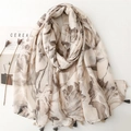 Bufanda floral con tacto de lino, borlas beige y estampado artístico para mujer - Estilo de Estampado Floral de Tinta Beige (SL2502-011) / 180*88
