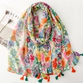 Lightweight Bali yarn floral scarf with colorful tassels for spring and summer - Multicolor Floral (SL2502-008)