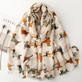 Dachshund print satin scarf for women featuring fringe edges and cream color - 180*88cm / Khaki
