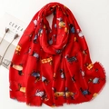 Detail of red scarf with cartoon dachshund print and soft fringe edges on white background - 180*88cm / Red