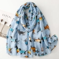 Light blue scarf with cartoon dachshund print and elegant magazine background - 180*88cm / Blue