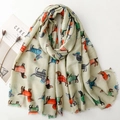 Lightweight scarf with colorful cartoon dachshund dog print and fringed edges on white base - 180*88cm / Green