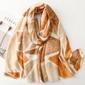 Linen feel scarf with gold foil geometric triangles and natural fringe on white background - Khaki Orange (SL2502-016)