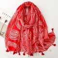 Minimalist red and white geometric scarf with tassels and breathable linen-feel fabric - Red (SL2502-015)