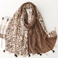 Floral soft cotton linen shawl scarf with vintage double-sided print and tassels - 180*88 / Coffee