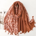 Reddish-brown and cream scarf with floral patterns and handmade tassels - 180*88 / Orange Red