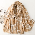Sciarpa in cotone-lino beige con motivo a fiocco bianco e bordi con frange fini - Cachi
